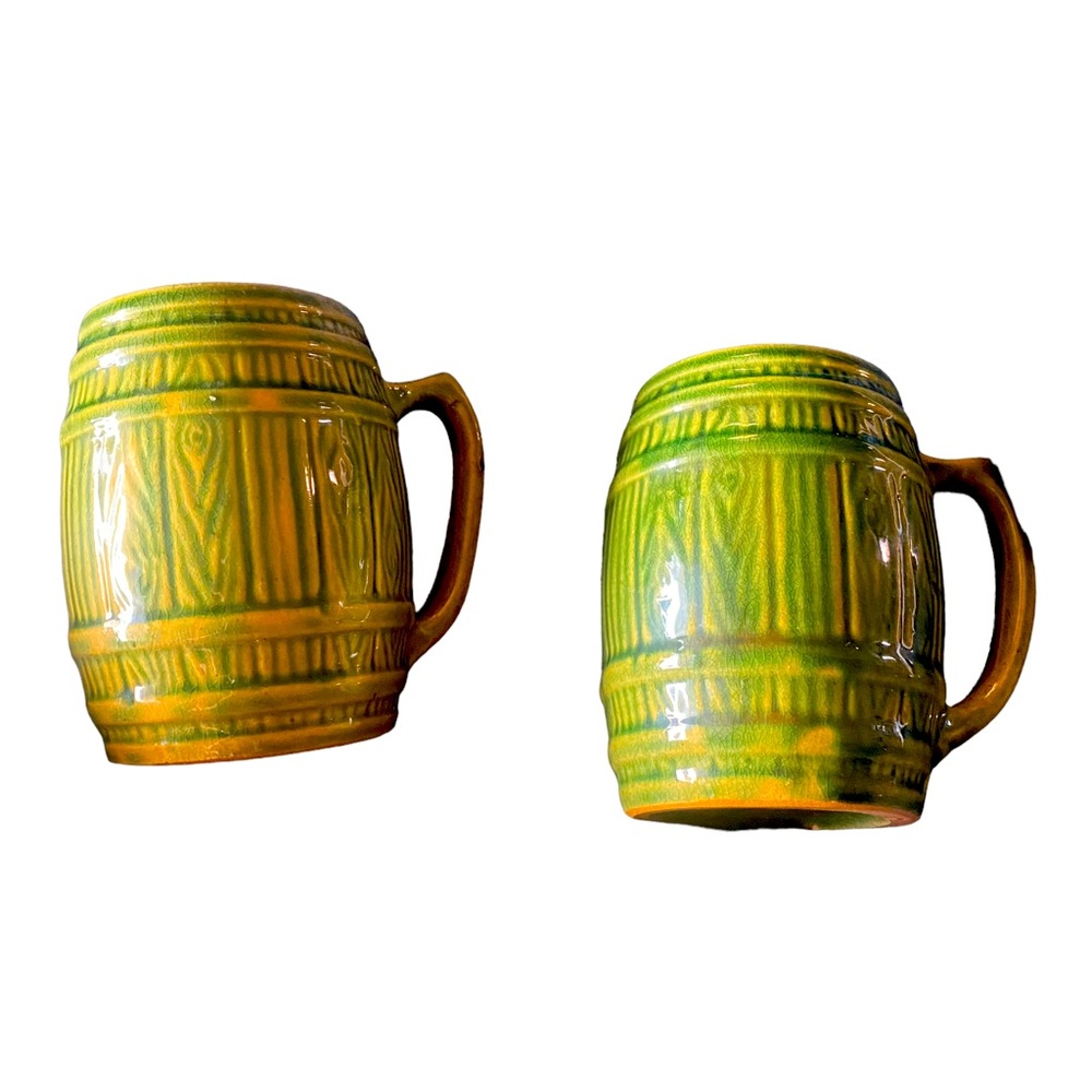 Set Of 2 Vintage McCoy Green Glaze Barrel Mug Mugs Pottery Stoneware 397
